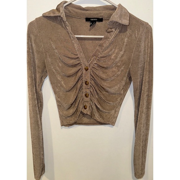 Forever 21 Long Sleeved Button Down Ruffled Gold Sparkle Crop Top - Picture 7 of 16